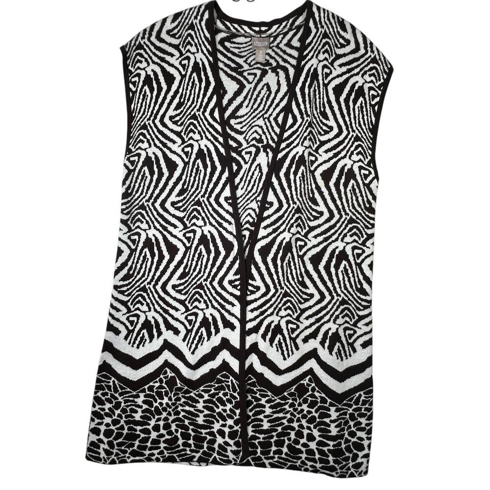 Chico's Open Front Cardigan Sweater Vest L Size 3 Lightweight Zebra Print Mature
